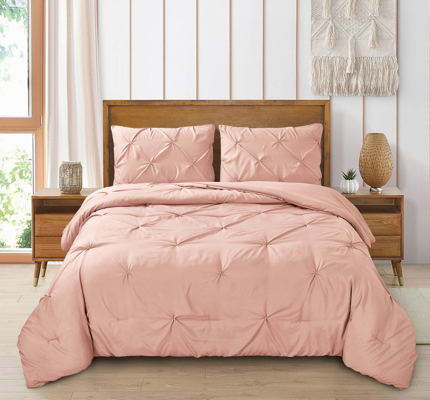 Pintuck Soft Luxury Fluffy Goose Down Alternative Solid Geometric Tufted Bedding Pinch Pleated Comforter Set, Pink Color