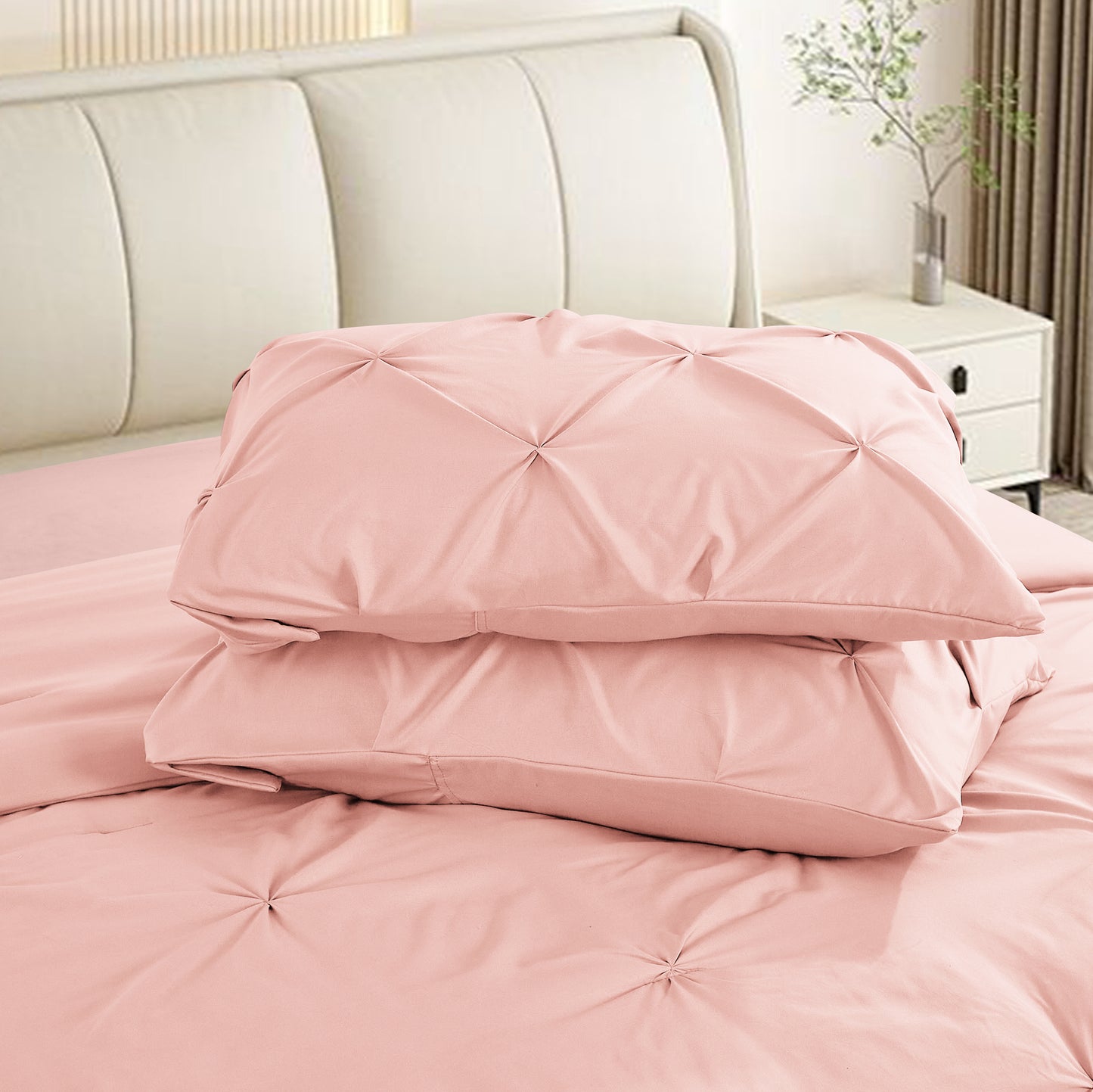 Pintuck Soft Luxury Fluffy Goose Down Alternative Solid Geometric Tufted Bedding Pinch Pleated Comforter Set, Pink Color