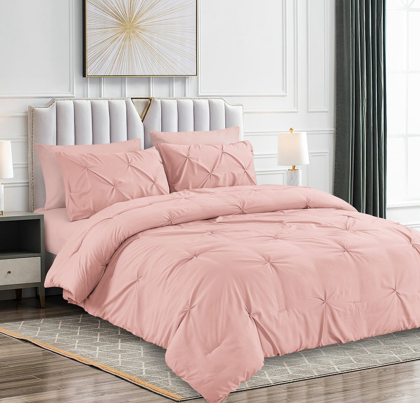 Pintuck Soft Luxury Fluffy Goose Down Alternative Solid Geometric Tufted Bedding Pinch Pleated Comforter Set, Pink Color