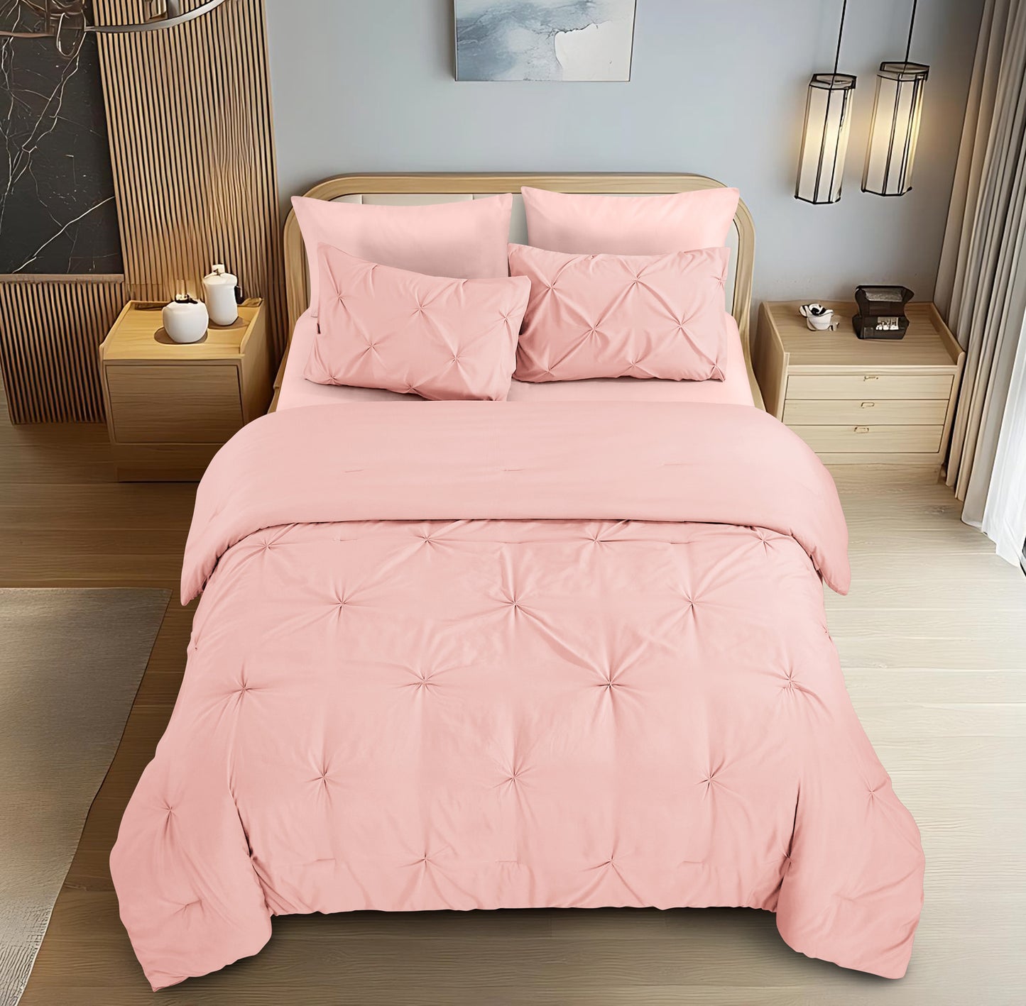 Pintuck Soft Luxury Fluffy Goose Down Alternative Solid Geometric Tufted Bedding Pinch Pleated Comforter Set, Pink Color