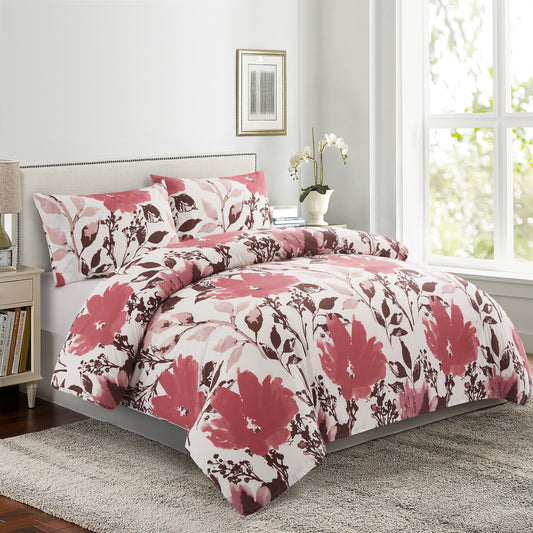Printed Rayon from Bamboo Soft Bedding Silky Zipper All Season Duvet Cover Set, Pink Red Floral