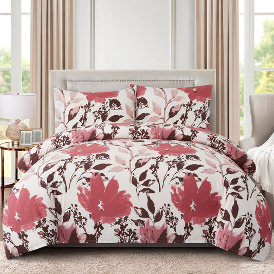 Printed Rayon from Bamboo Soft Bedding Silky Zipper All Season Duvet Cover Set, Pink Red Floral