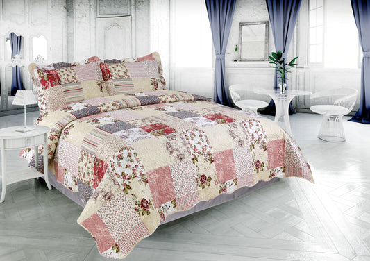 Printed Embossed Pinsonic Soft Bedding Summer Quilt Set, Floral Plaid