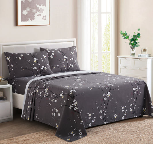 Printed Cotton Blend Percale 600 Thread Count Soft Deep Pocket All Season Bedding Sheet Set, Plum Blossom Floral Grey Pattern