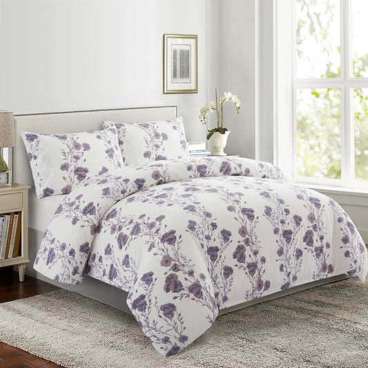 Printed Rayon from Bamboo Soft Bedding Silky Zipper All Season Duvet Cover Set, Purple Carnation Floral