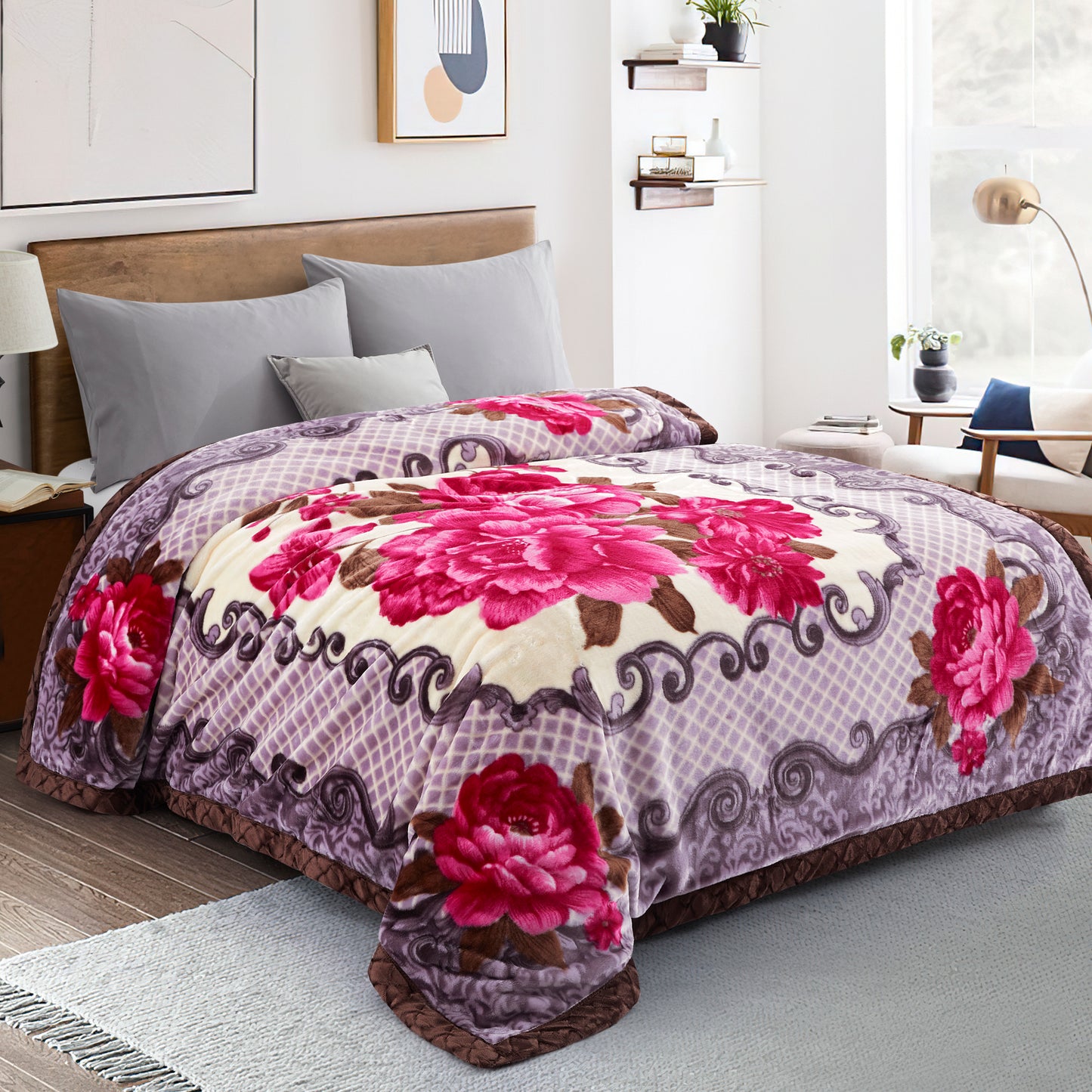 Printed Reversible Woven Fluffy Plush Soft Warm Korean Style 2 Ply Flannel Fleece Throw Mink Blanket, 78" x 86" Red Fuchsia Peony Floral