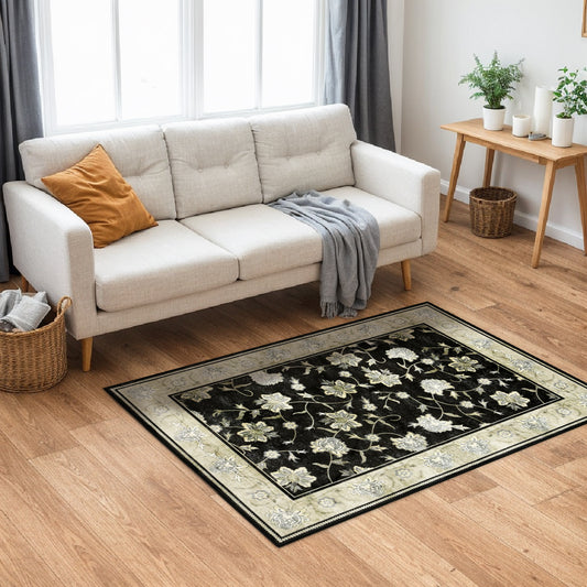 Decor Non-Slip Back Soft Runner Area Carpet Floor Area Rug Indoor Accent Decorative Mat, Elegant Black Cream Floral