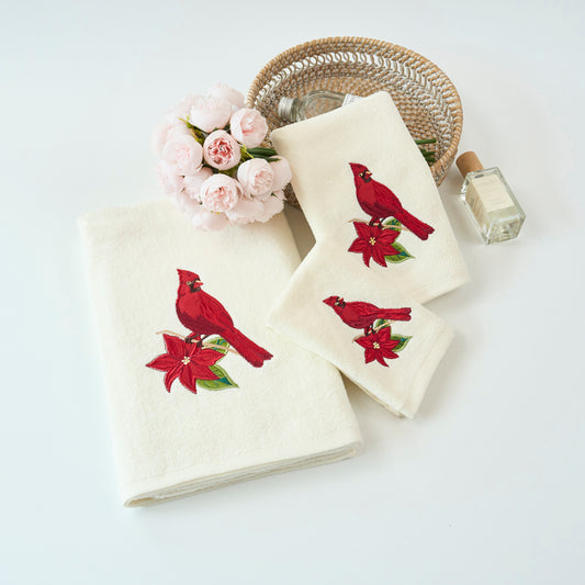 Premium Luxury Xmas Decor Soft 100% Cotton Embroidered Bathroom Christmas 3 Piece Towel Set, Red Cardinal Bird