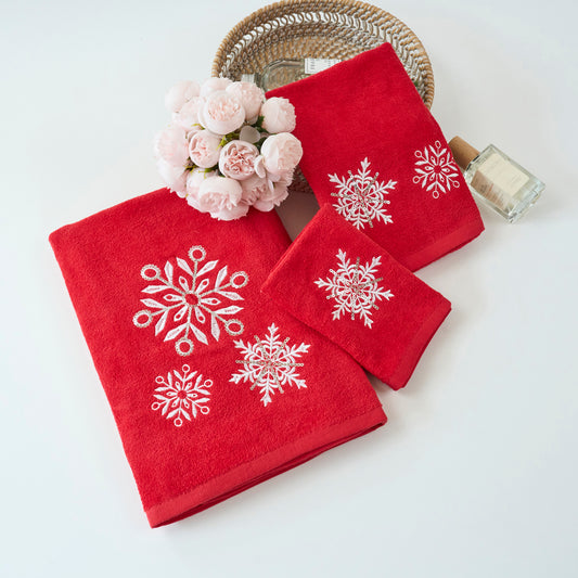 Premium Luxury Xmas Decor Soft 100% Cotton Embroidered Bathroom Christmas 3 Piece Towel Set, Grey Snowflake