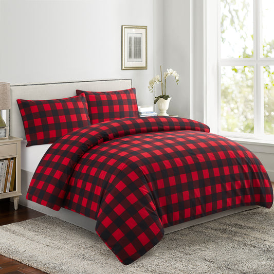 Printed Rayon from Bamboo Soft All Season Duvet Cover Fitted Sheet Ensemble Bedding Set with Zipper and Corner Tie, Red Black Plaid