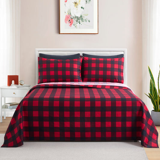 Printed Rayon from Bamboo Soft Deep Pocket Bedding All Season Sheet Set, Red Black Plaid