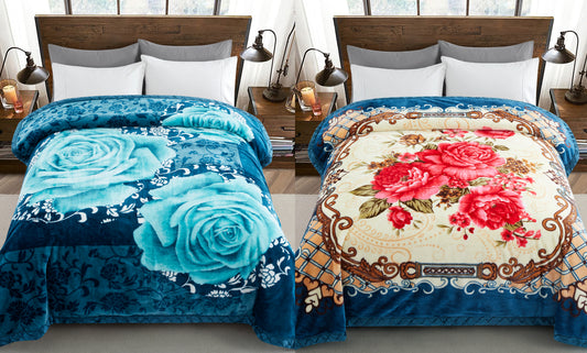Printed Reversible Woven Fluffy Plush Soft Warm Korean Style 2 Ply Flannel Fleece Throw Mink Blanket, 78" x 86" Red Peony Turquoise Rose Floral