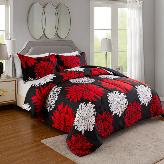 Home Decor Soft Luxury Fluffy Goose Down Alternative Bedding Printed Comforter Set, Modern Red White Floral Black