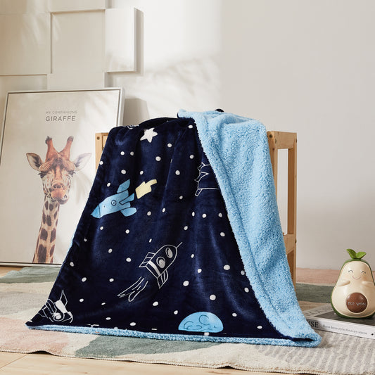 Kid Printed Fluffy Plush Soft Warm Flannel Fleece Children Throw Sherpa Kids Blanket, 30" x 40" Rockets and Stars with Navy Blue