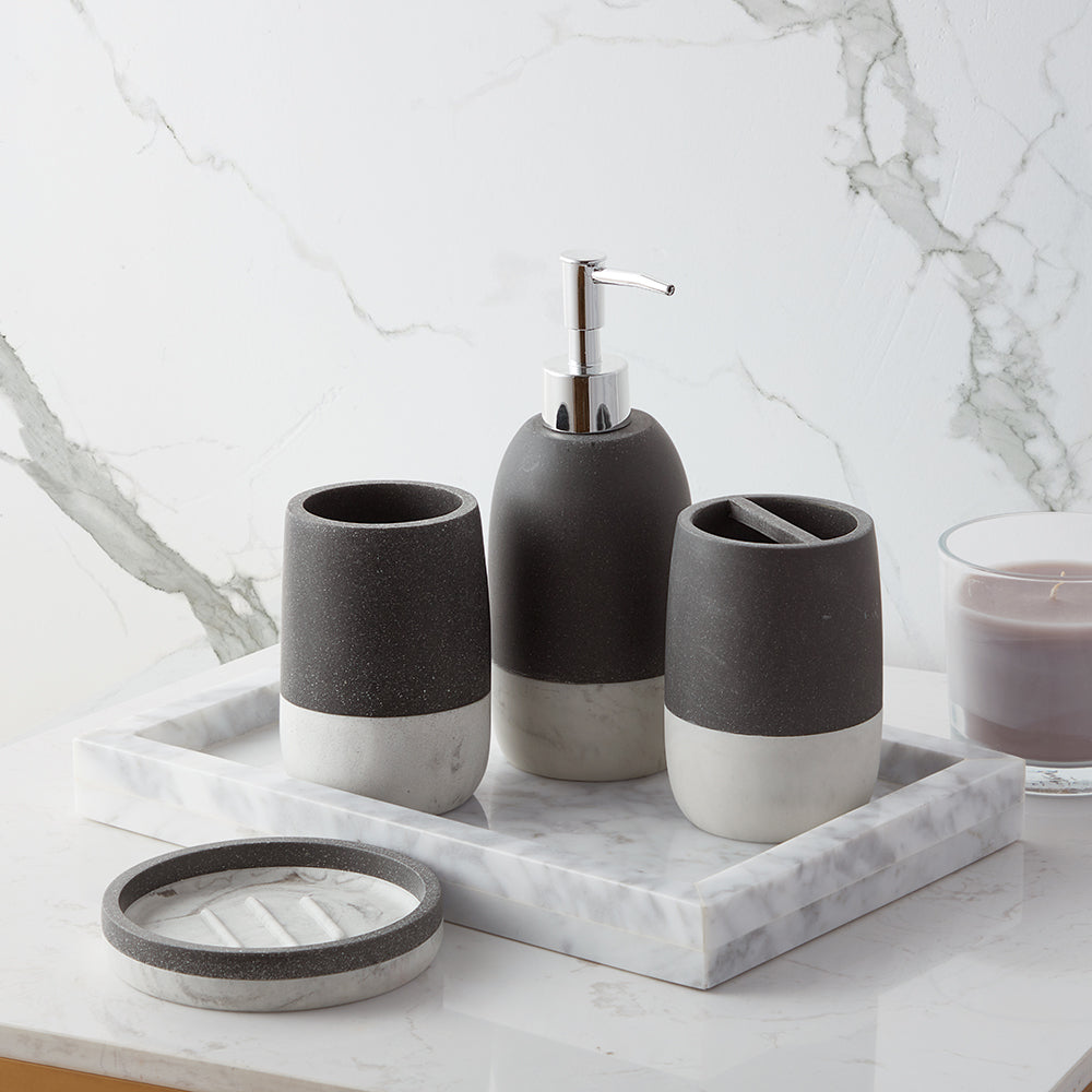 Modern Luxury Décor Bath Accessory Ensemble Bathroom Lotion Dispenser Toothbrush Holder Tumbler Soap Dish, Black White Marble