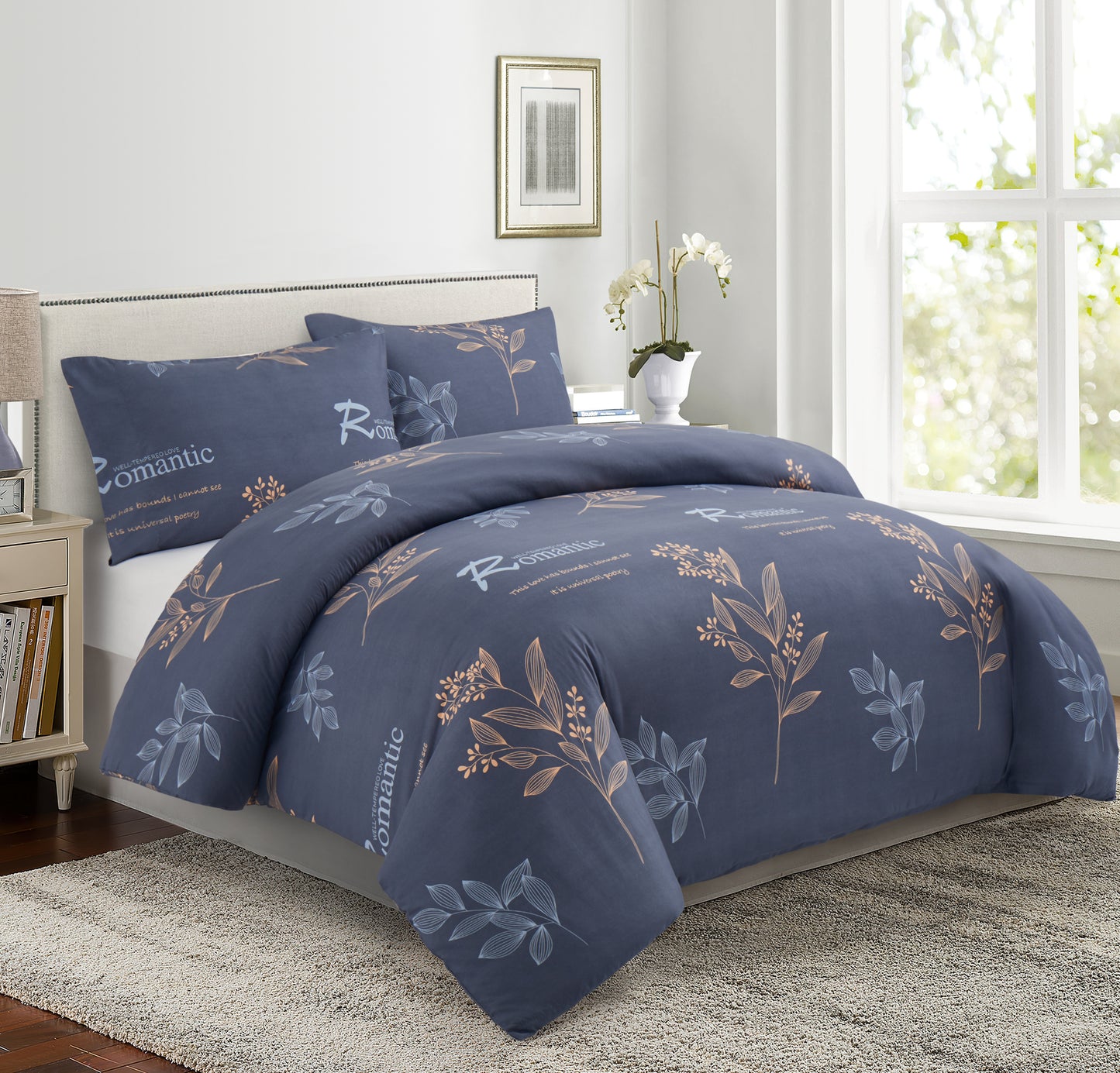 Printed Rayon from Bamboo Soft All Season Duvet Cover Fitted Sheet Ensemble Bedding Set with Zipper and Corner Tie, Romantic Floral