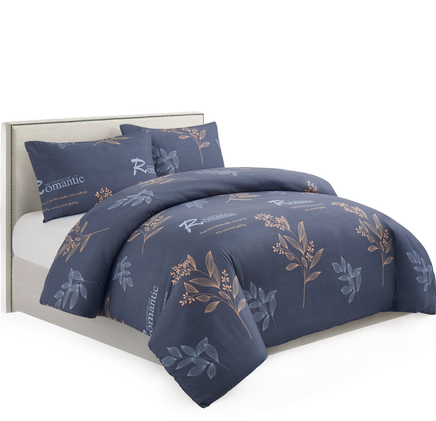 Printed Rayon from Bamboo Soft All Season Duvet Cover Fitted Sheet Ensemble Bedding Set with Zipper and Corner Tie, Romantic Floral
