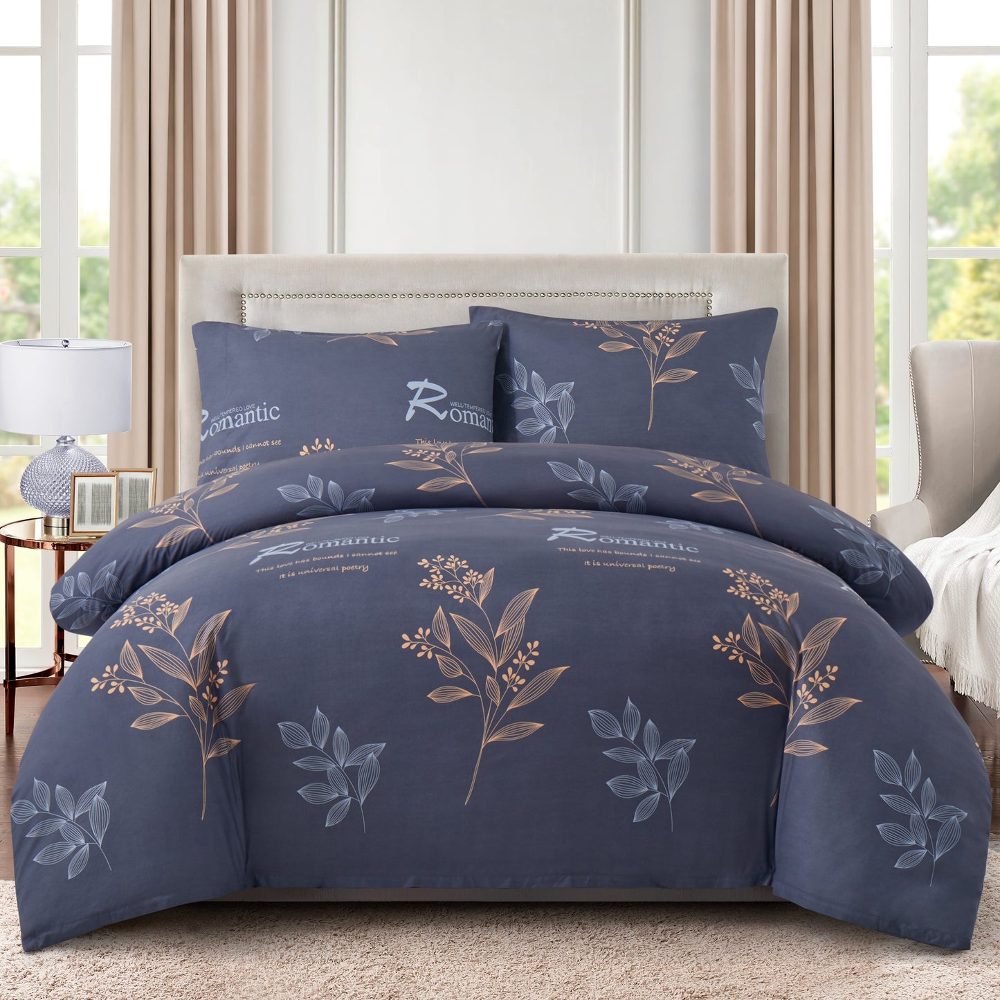 Printed Rayon from Bamboo Soft All Season Duvet Cover Fitted Sheet Ensemble Bedding Set with Zipper and Corner Tie, Romantic Floral