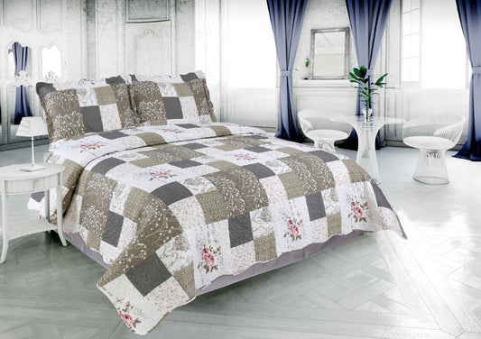 Printed Embossed Pinsonic Soft Bedding Summer Quilt Set, Rose Floral Plaid