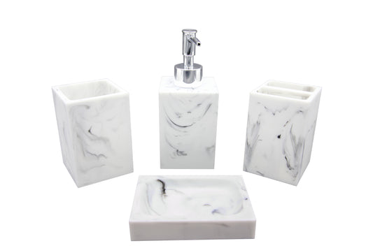 Modern Luxury Décor Bath Accessory Ensemble Bathroom Lotion Dispenser Toothbrush Holder Tumbler Soap Dish, Natural Marble