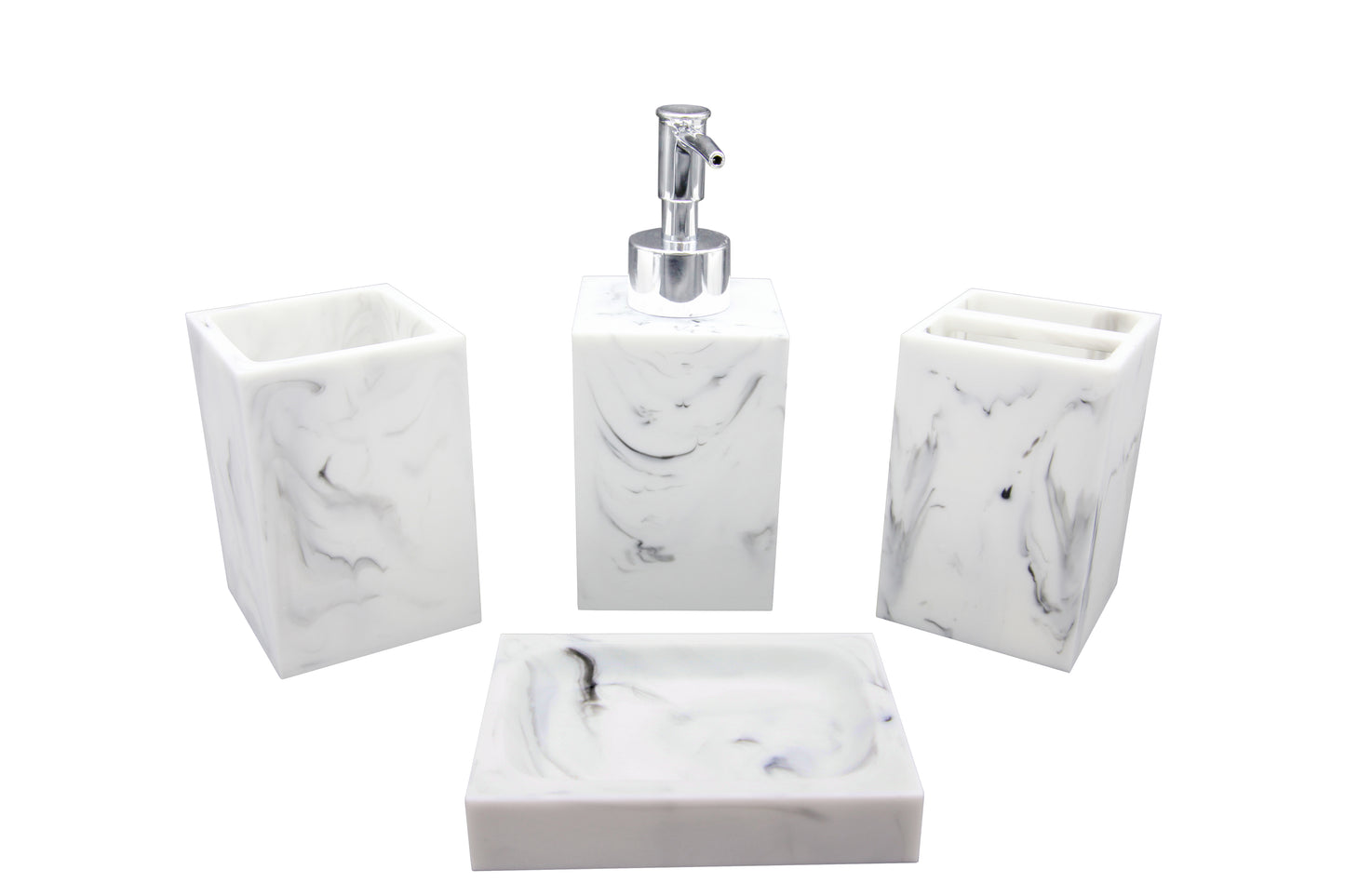 Modern Luxury Décor Bath Accessory Ensemble Bathroom Lotion Dispenser Toothbrush Holder Tumbler Soap Dish, Natural Marble