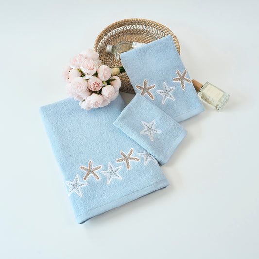 Premium Luxury Decor 100% Cotton Soft Bathroom Modern Embroidered 3 Piece Towel Set, Starfish Blue Pattern