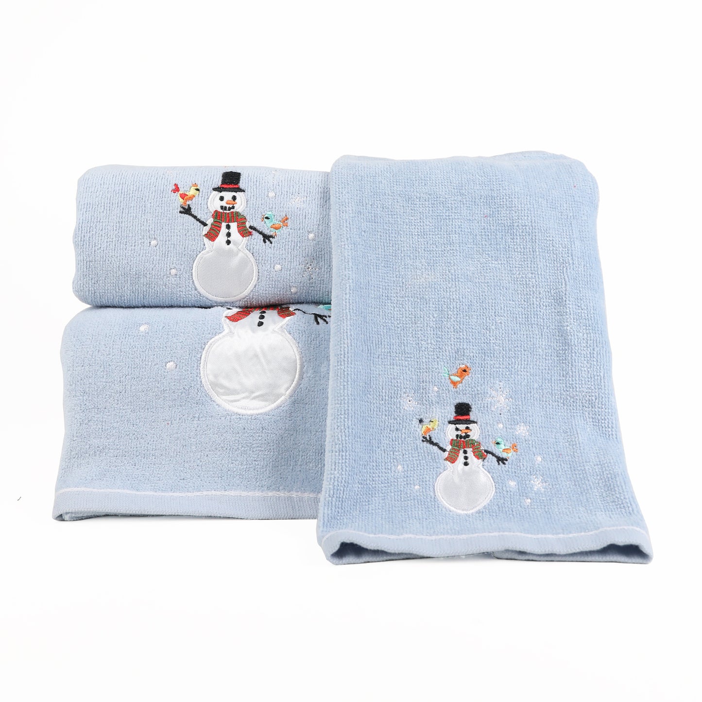 Premium Luxury Xmas Decor Soft 100% Cotton Embroidered Bathroom Christmas 3 Piece Towel Set, Blue Color Snowman