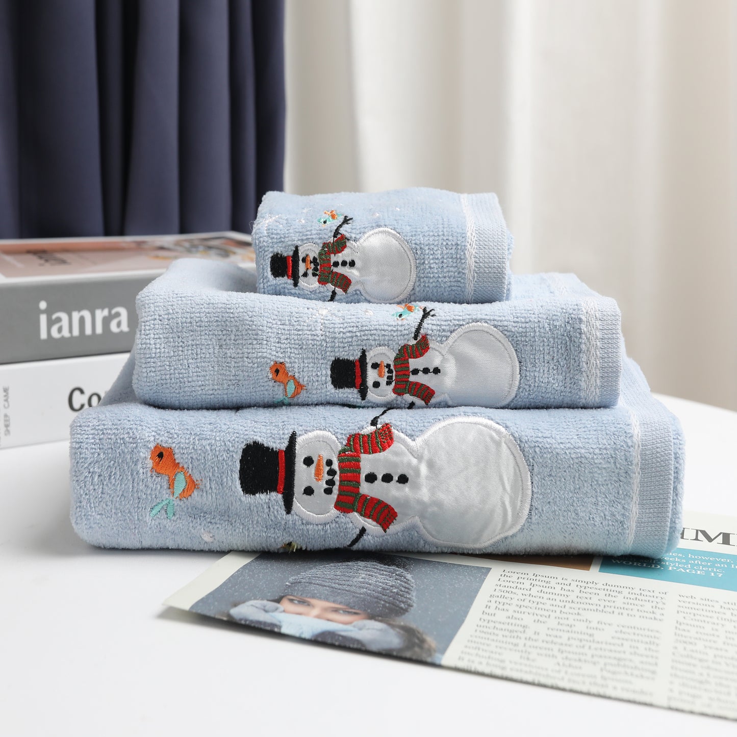 Premium Luxury Xmas Decor Soft 100% Cotton Embroidered Bathroom Christmas 3 Piece Towel Set, Blue Color Snowman