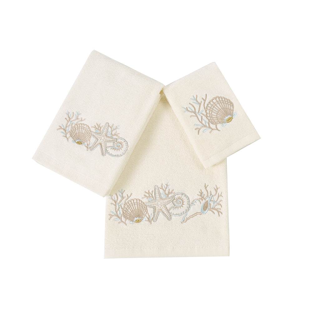 Premium Luxury Decor 100% Cotton Soft Bathroom Modern 3 Piece Embroidered Towel Set, Seashell and Starfish with Ivory Base
