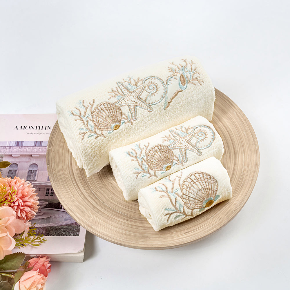 Premium Luxury Decor 100% Cotton Soft Bathroom Modern 3 Piece Embroidered Towel Set, Seashell and Starfish with Ivory Base