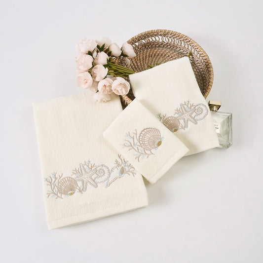 Premium Luxury Decor 100% Cotton Soft Bathroom Modern 3 Piece Embroidered Towel Set, Seashell and Starfish with Ivory Base