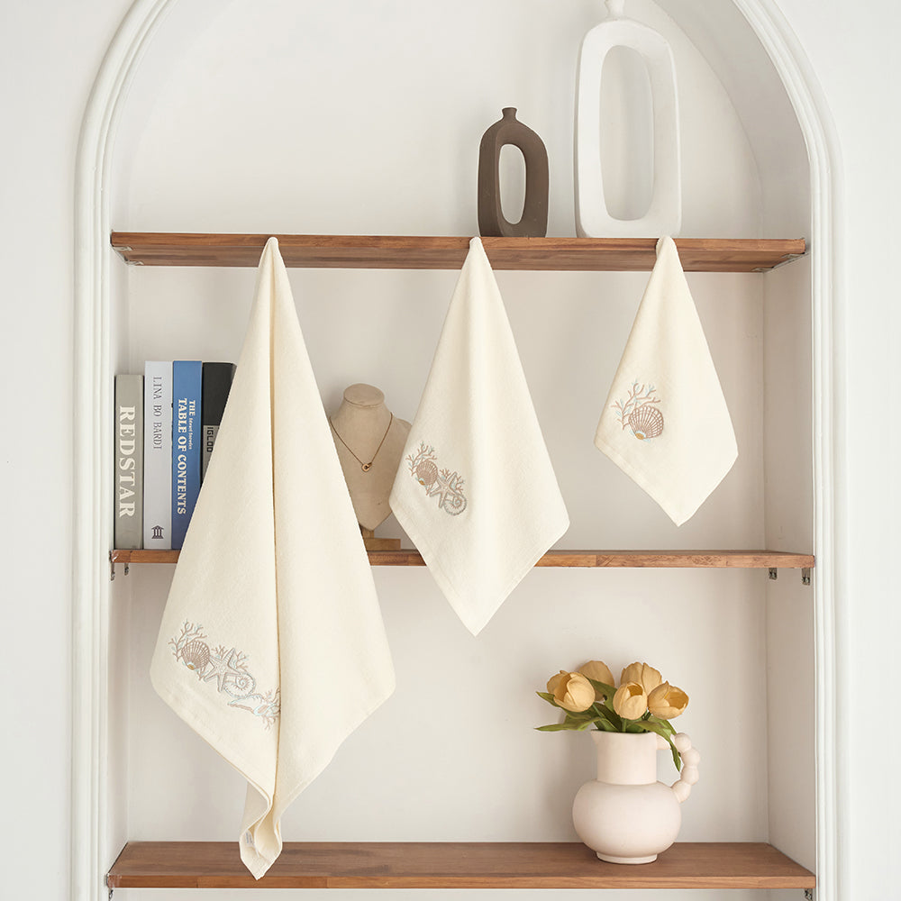 Premium Luxury Decor 100% Cotton Soft Bathroom Modern 3 Piece Embroidered Towel Set, Seashell and Starfish with Ivory Base