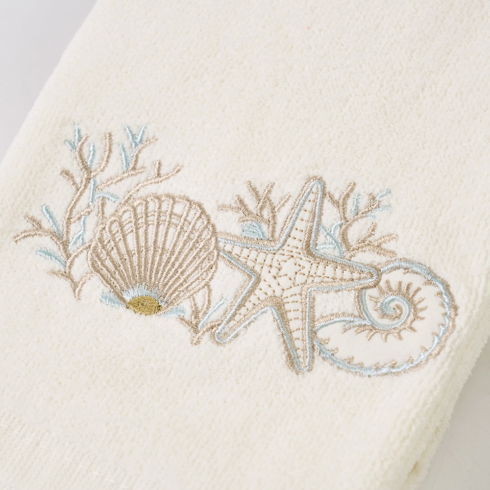 Premium Luxury Decor 100% Cotton Soft Bathroom Modern 3 Piece Embroidered Towel Set, Seashell and Starfish with Ivory Base