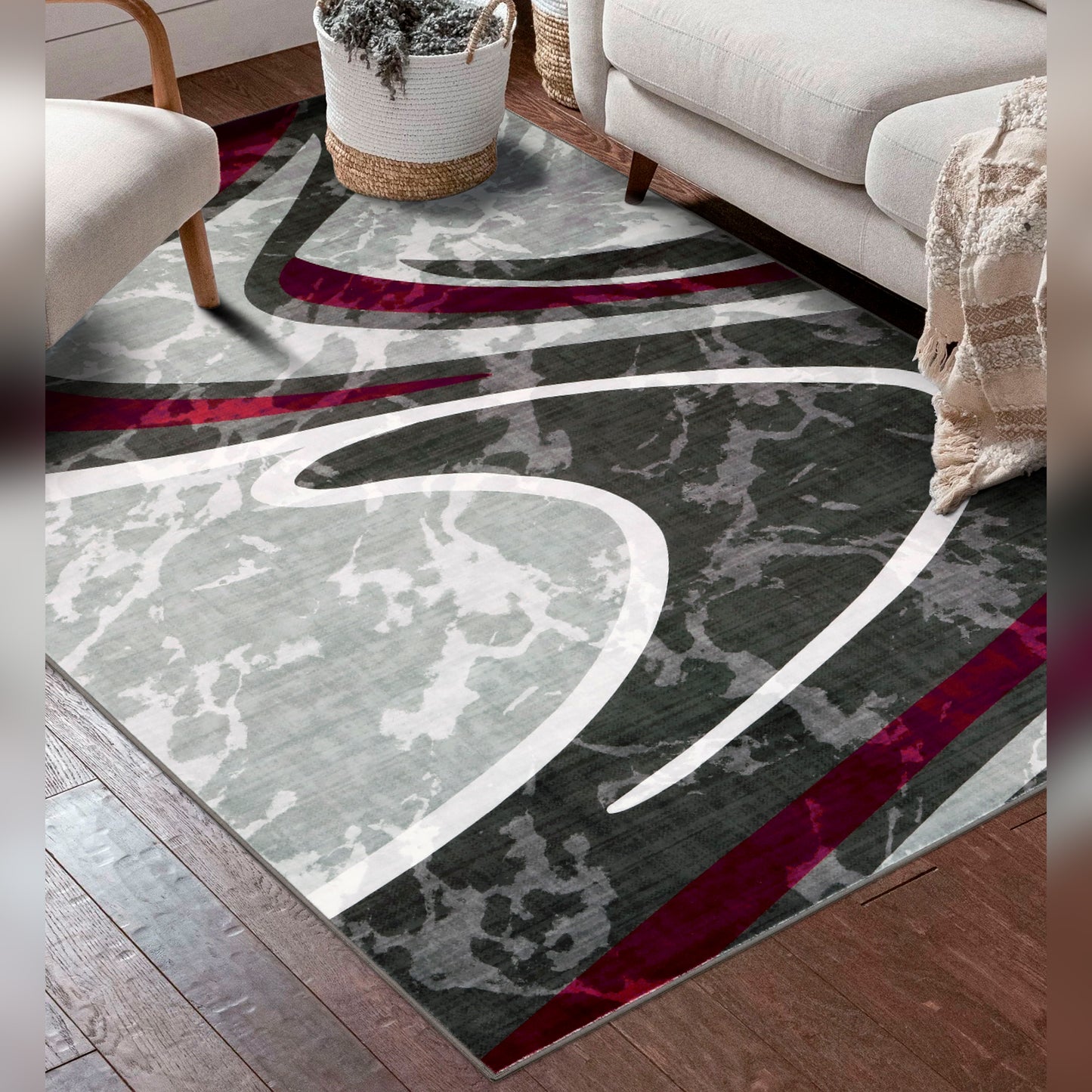 Decor Non-Slip Back Soft Area Carpet Floor Area Rug Indoor Accent Decorative Mat, Modern Grey Silver Burgundy Marble Design, 5 x 7 Feet