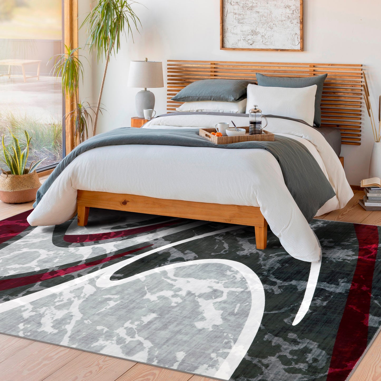 Decor Non-Slip Back Soft Area Carpet Floor Area Rug Indoor Accent Decorative Mat, Modern Grey Silver Burgundy Marble Design, 5 x 7 Feet