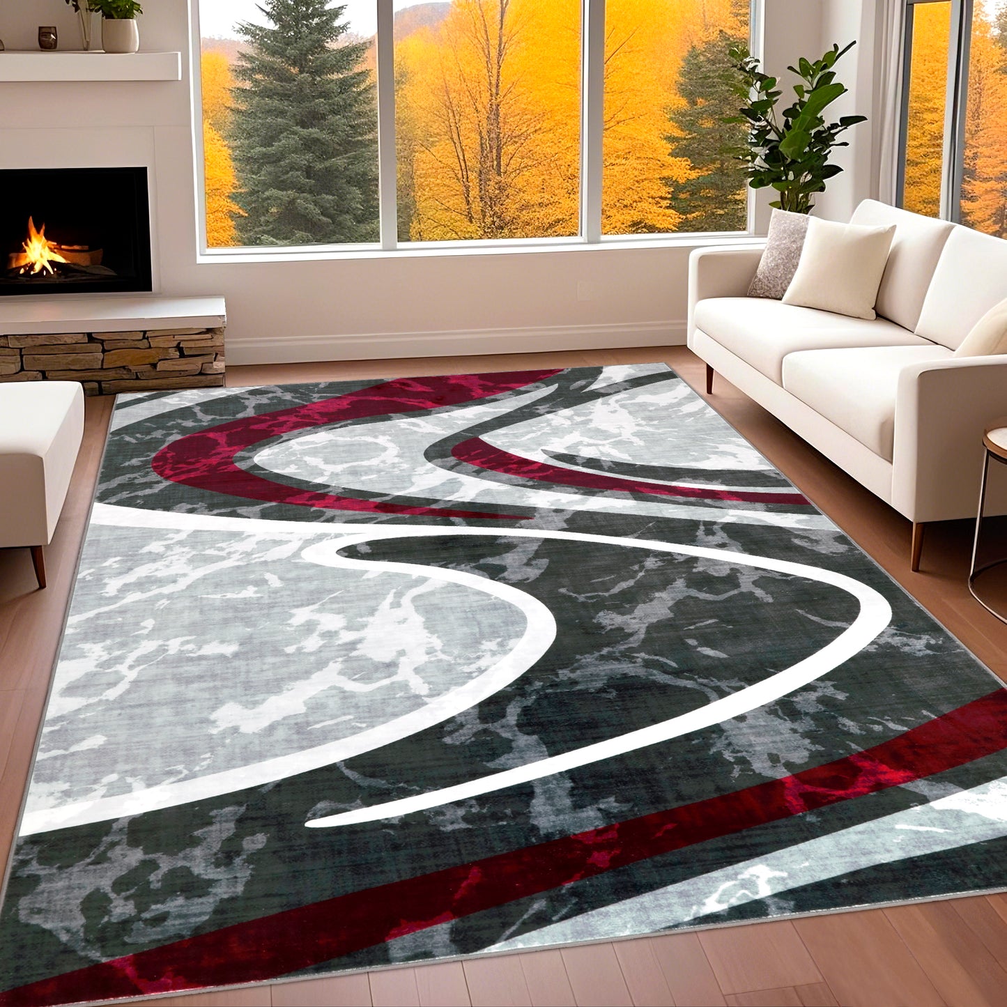 Decor Non-Slip Back Soft Area Carpet Floor Area Rug Indoor Accent Decorative Mat, Modern Grey Silver Burgundy Marble Design, 5 x 7 Feet