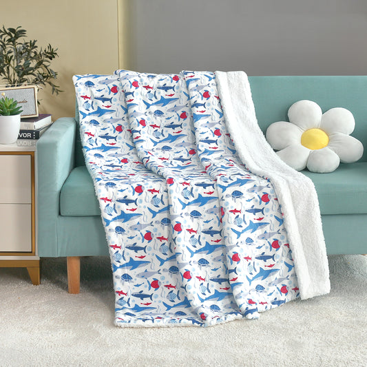 Kid Printed Fluffy Plush Soft Warm Flannel Fleece Children Throw Sherpa Kids Blanket, 40" x 50" Shark Turtle