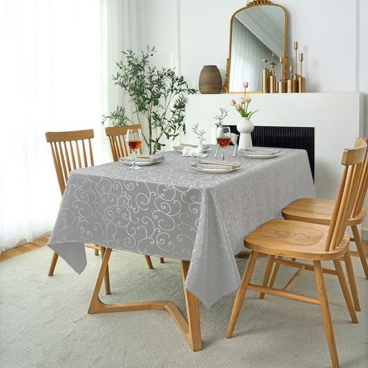 Jacquard Waterproof Thick Luxury Premium Solid Liquid Repellent Stain Resistant Decorative Home Kitchen Tablecloth, Silver Color