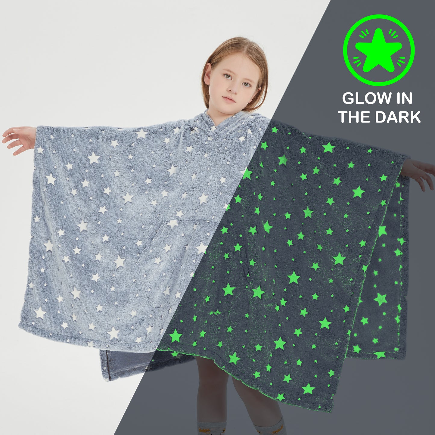 Glow in the Dark Kids Wearable Hoodie Blanket for Boys Girls Soft Warm Flannel Fleece Hooded Sweatshirt, 110 x 75 cm Blue Star