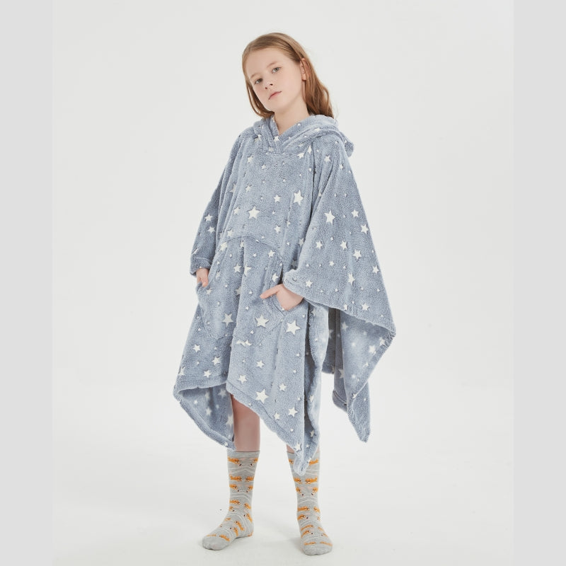 Glow in the Dark Kids Wearable Hoodie Blanket for Boys Girls Soft Warm Flannel Fleece Hooded Sweatshirt, 110 x 75 cm Blue Star