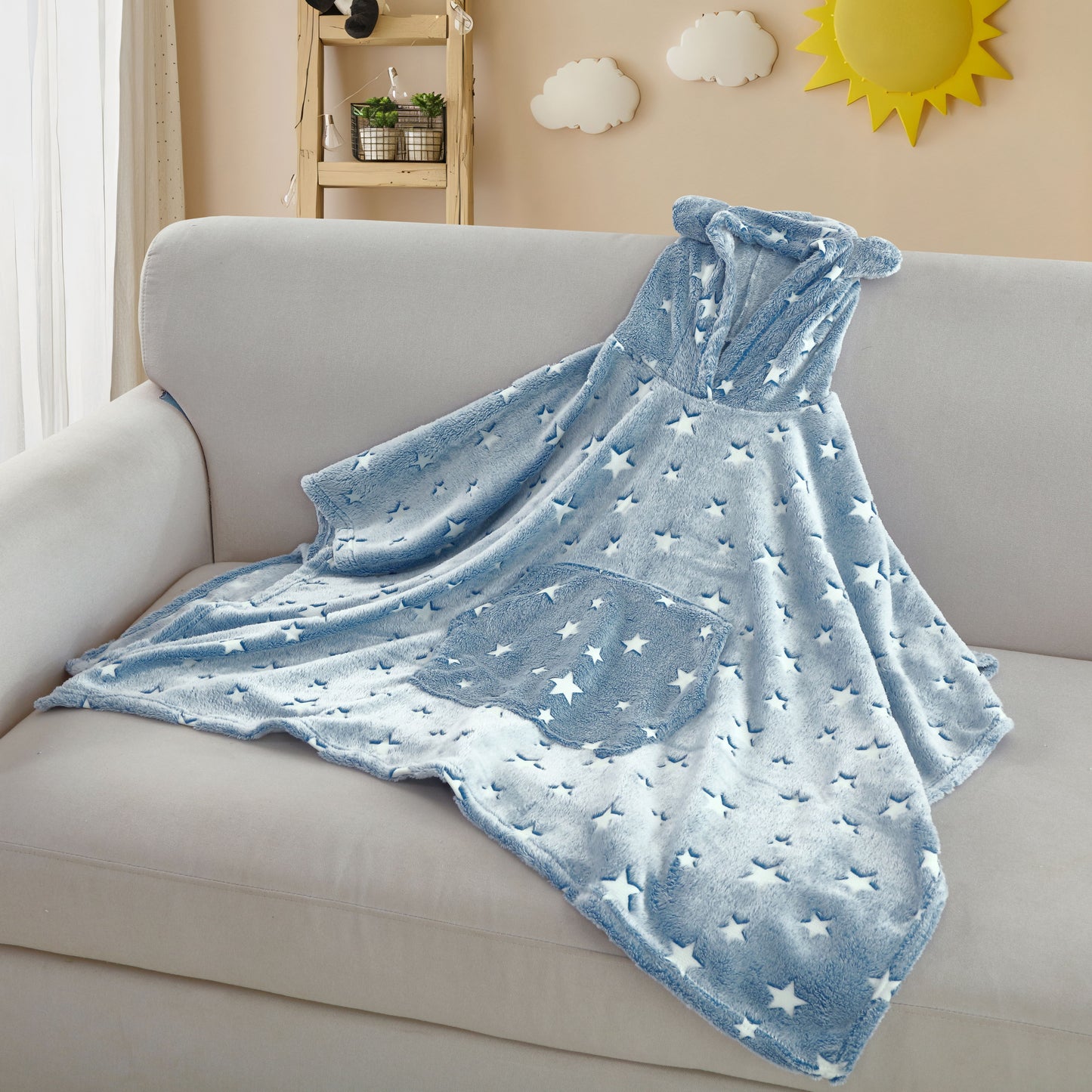 Glow in the Dark Kids Wearable Hoodie Blanket for Boys Girls Soft Warm Flannel Fleece Hooded Sweatshirt, 110 x 75 cm Blue Star