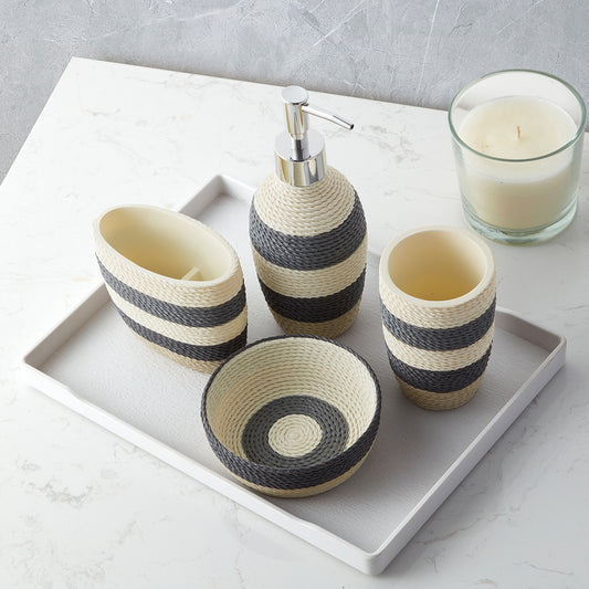 Modern Luxury Décor Bath Accessory Ensemble Bathroom Lotion Dispenser Toothbrush Holder Tumbler Soap Dish, Black White Stripes