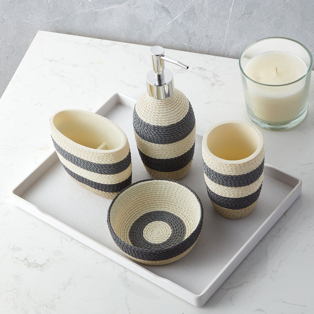 Modern Luxury Décor Bath Accessory Ensemble Bathroom Lotion Dispenser Toothbrush Holder Tumbler Soap Dish, Black White Stripes