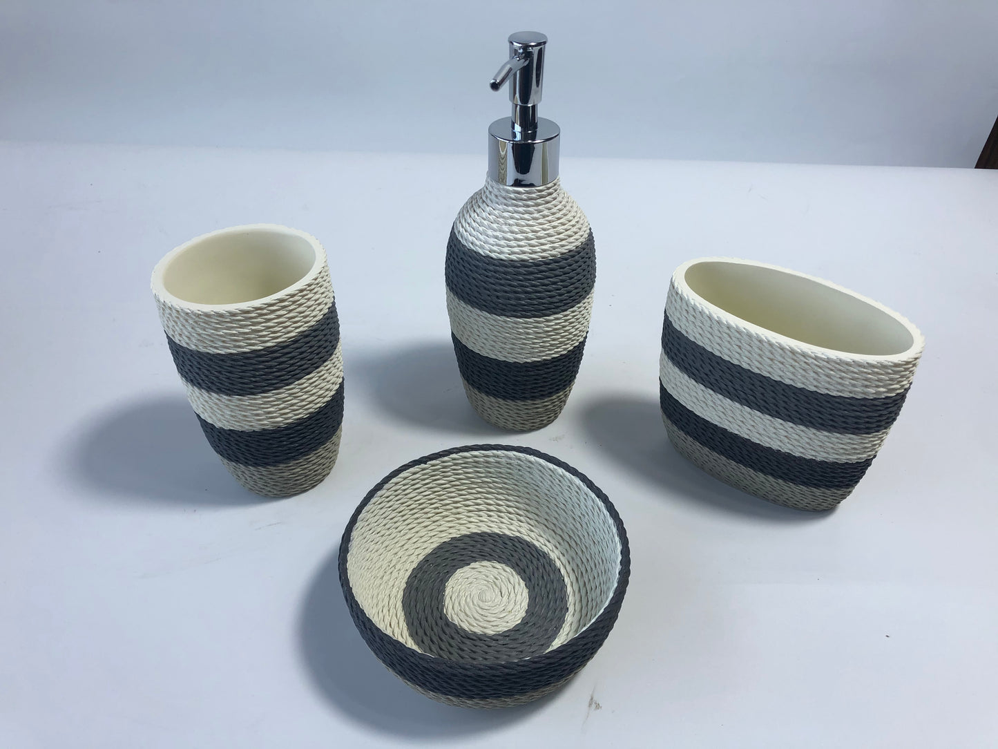 Modern Luxury Décor Bath Accessory Ensemble Bathroom Lotion Dispenser Toothbrush Holder Tumbler Soap Dish, Black White Stripes