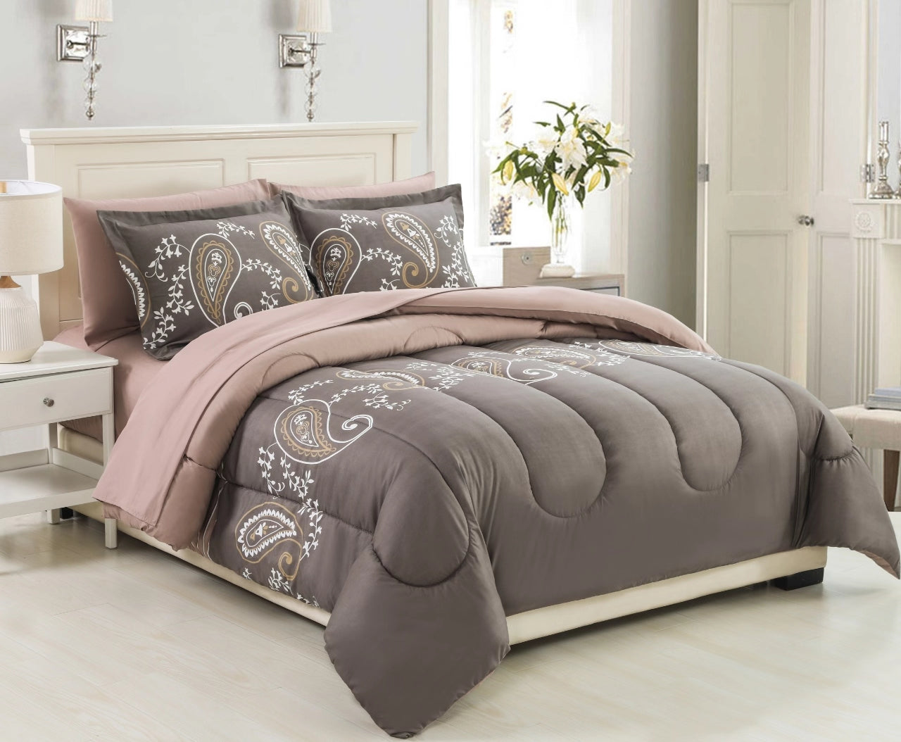 Printed Bed in a Bag Soft Luxury Fluffy Goose Down Alternative Comforter and Sheet Set, Taupe Floral Paisley Pattern