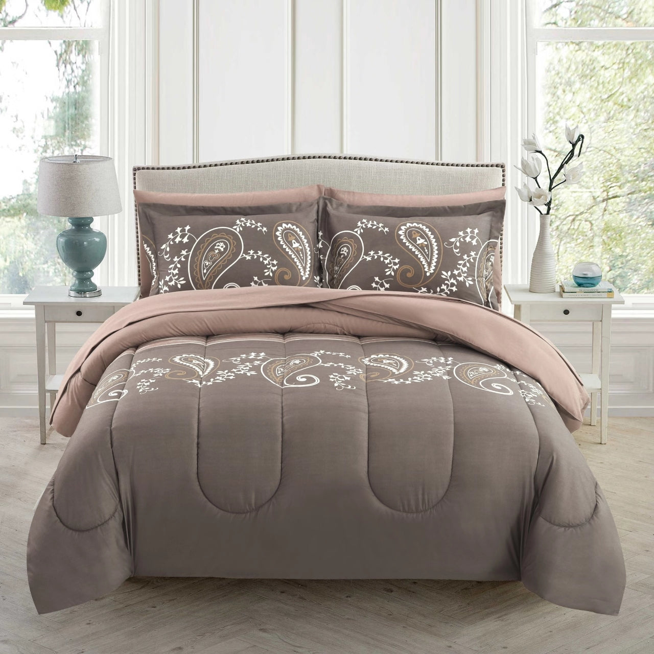 Printed Bed in a Bag Soft Luxury Fluffy Goose Down Alternative Comforter and Sheet Set, Taupe Floral Paisley Pattern