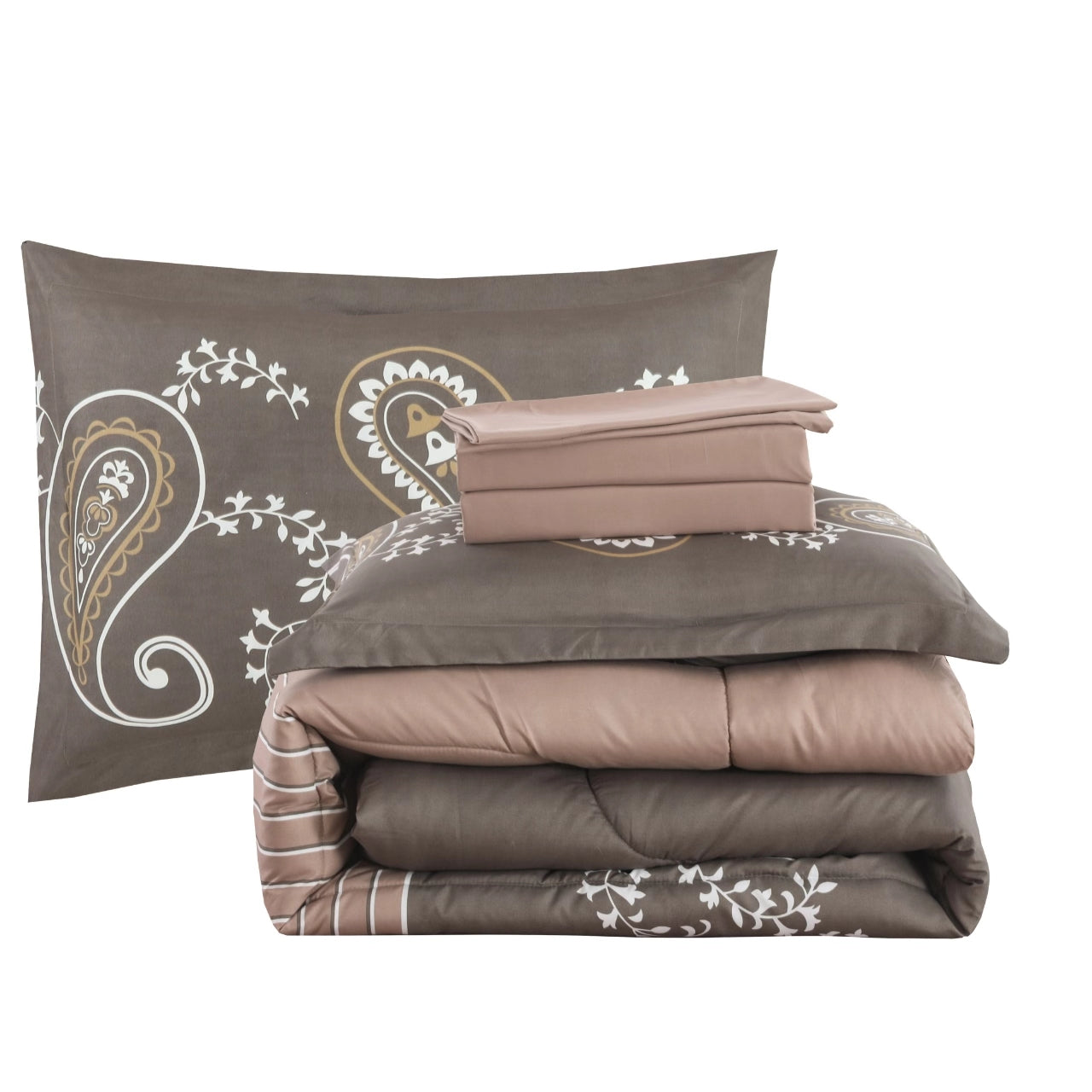Printed Bed in a Bag Soft Luxury Fluffy Goose Down Alternative Comforter and Sheet Set, Taupe Floral Paisley Pattern
