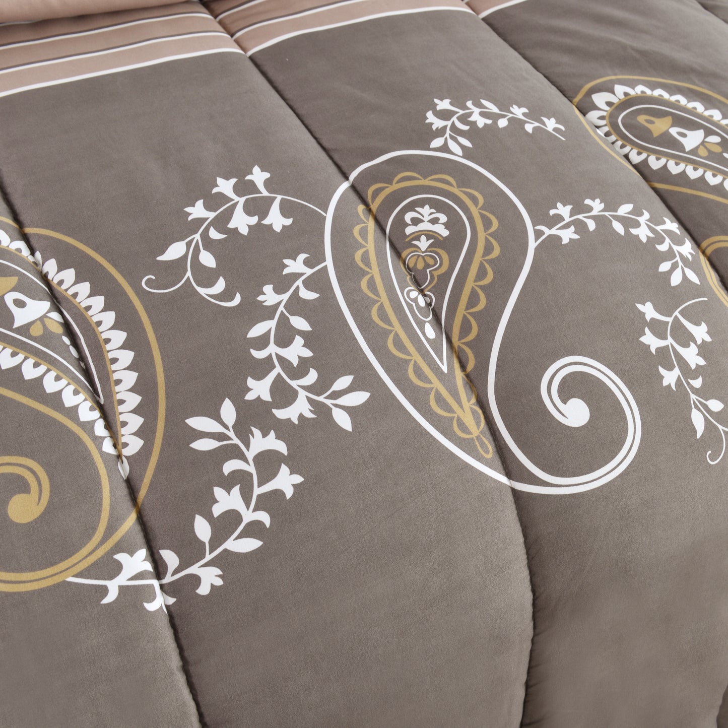 Printed Bed in a Bag Soft Luxury Fluffy Goose Down Alternative Comforter and Sheet Set, Taupe Floral Paisley Pattern