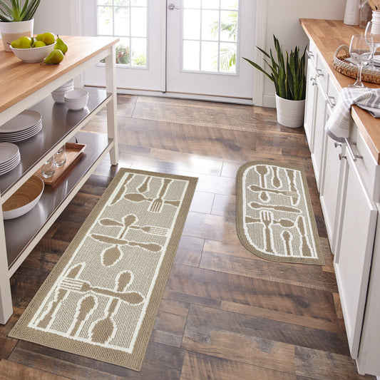 Decor Non-Slip Back Water Absorbent Soft Woven Runner Area Carpet Floor Mat Indoor Kitchen Rug, Taupe Utensils Design