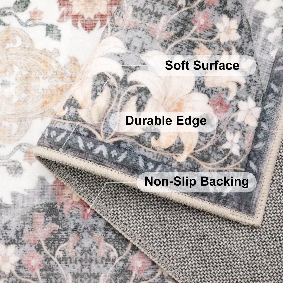 Decor Non-Slip Back Soft Runner Area Carpet Floor Area Rug Indoor Accent Decorative Mat, Elegant Grey Cream Lily Floral
